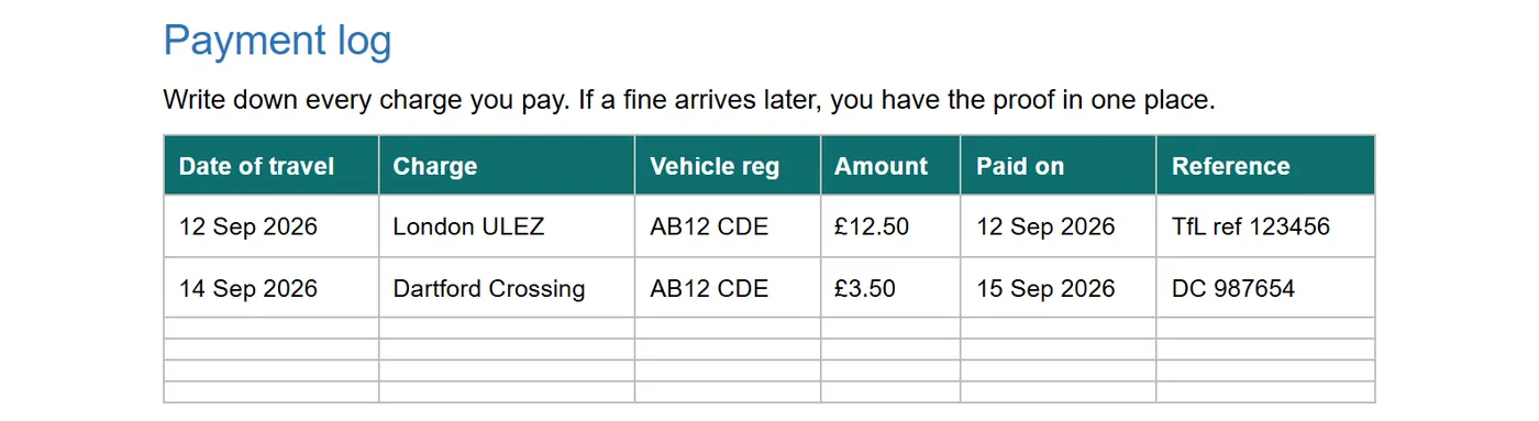 Payment log, from the free example file for the Driver's charges and fines kit