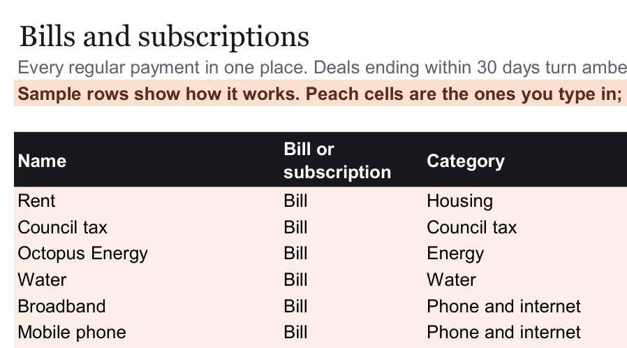 Close-up of the Bills tab, from the free example file for the Bills and subscriptions tracker