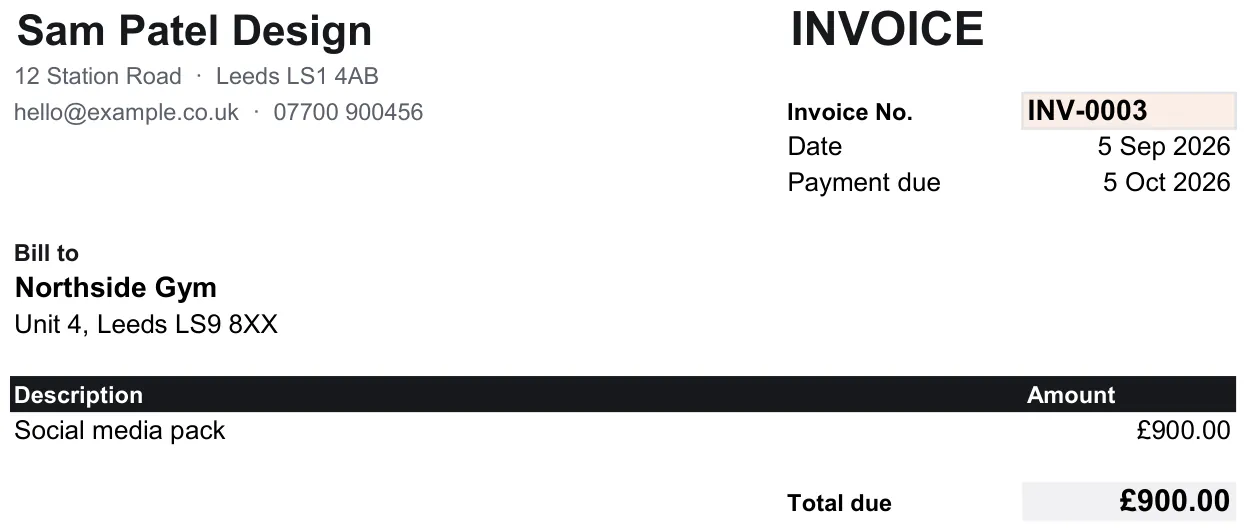 Close-up of the Invoice tab, from the free example file for the Invoice and receipts kit