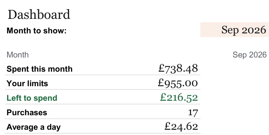 Close-up of the Dashboard tab, from the free example file for the Spending tracker