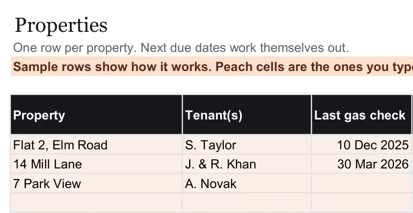 Close-up of the Properties tab, from the free example file for the Property compliance tracker
