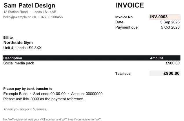 Invoice, from the free example file for the Invoice and receipts kit