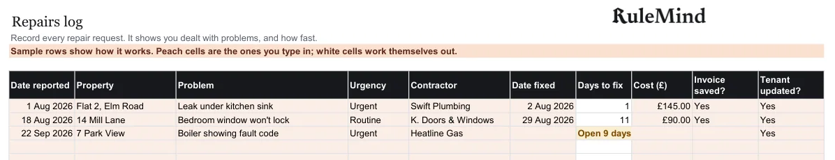Repairs log, from the free example file for the Rent and repairs ledger