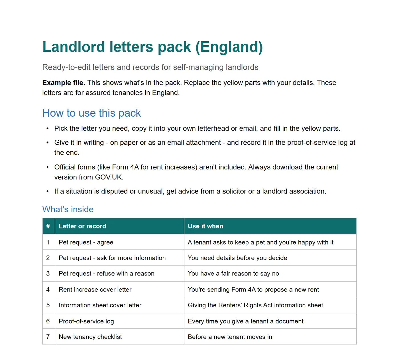 Page 1: how to use the pack, from the free example file for the Landlord letters pack