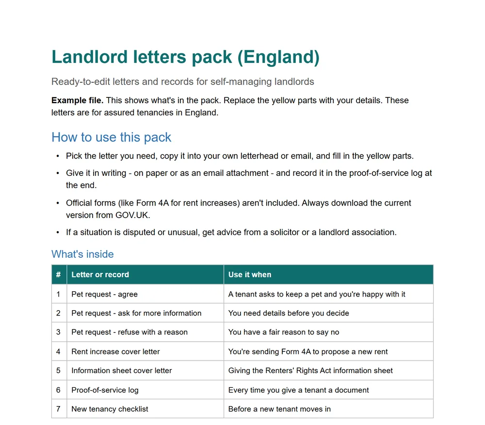 Page 1: how to use the pack, from the free example file for the Landlord letters pack