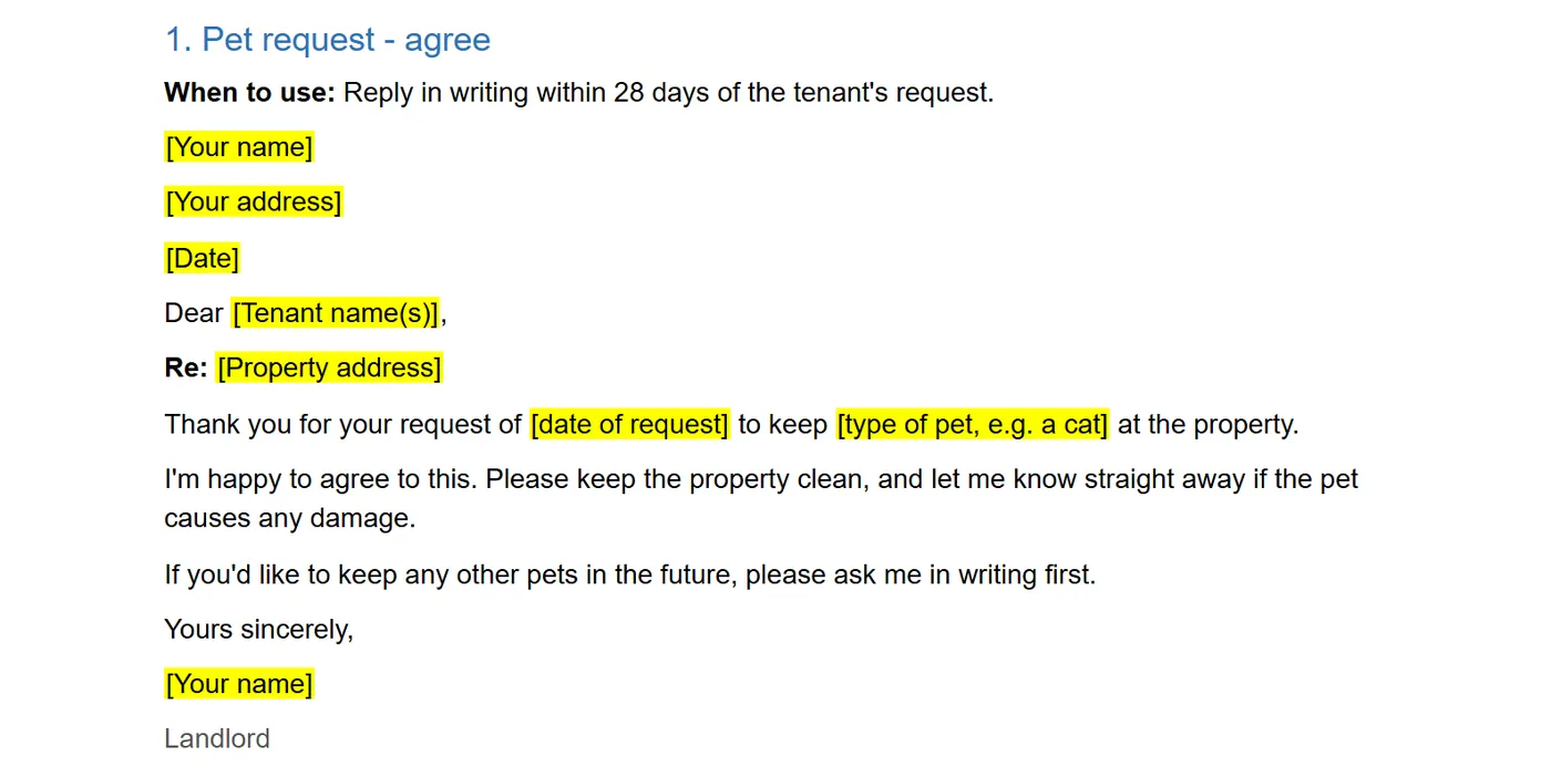 Letter 1: pet request, agree, from the free example file for the Landlord letters pack
