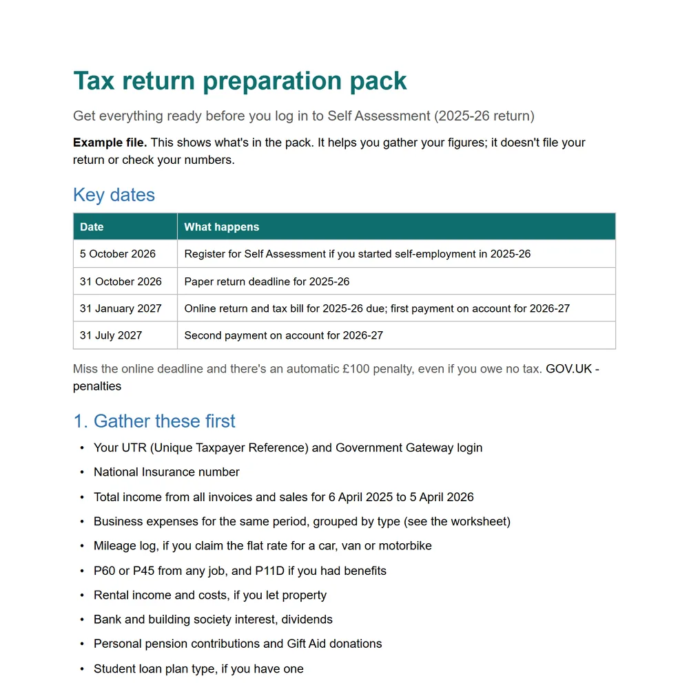 Key dates and what to gather, from the free example file for the Tax return prep pack