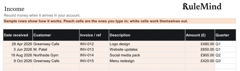Income, from the free example file for the Sole trader records