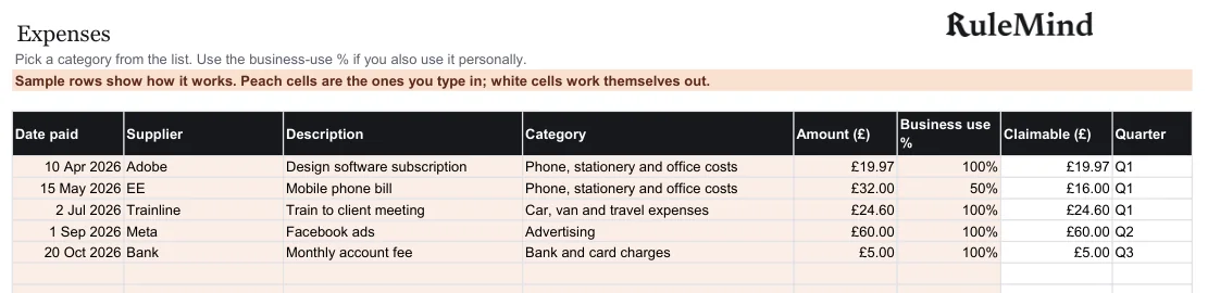 Expenses, from the free example file for the Sole trader records