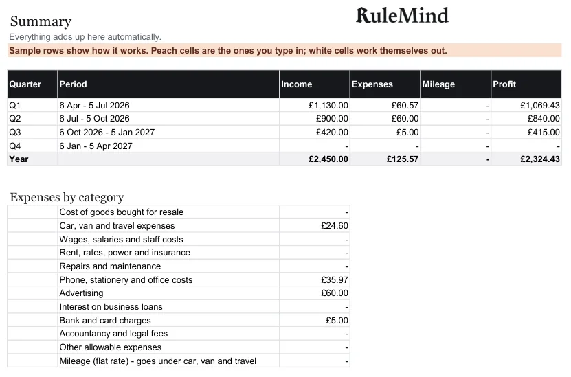 Summary, from the free example file for the Sole trader records
