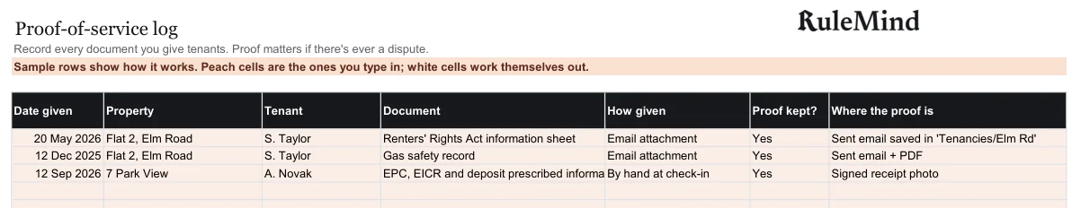 Service log, from the free example file for the Property compliance tracker