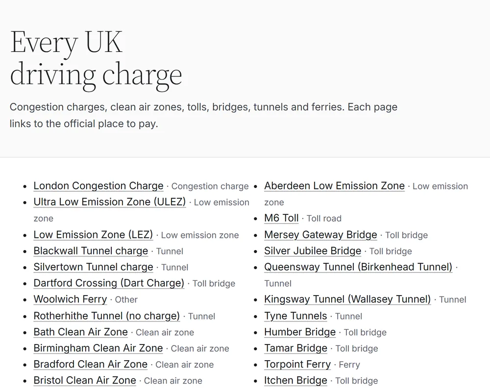 Every UK driving charge, listed A to Z with the type of each one