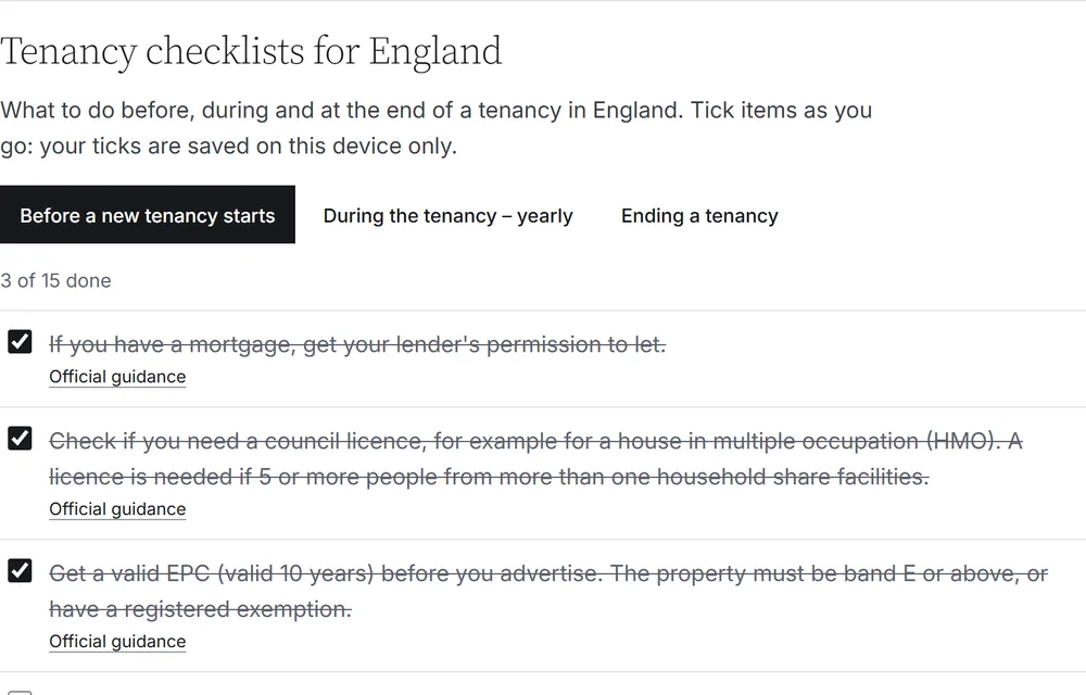 Tenancy checklists for England, with three of fifteen items ticked