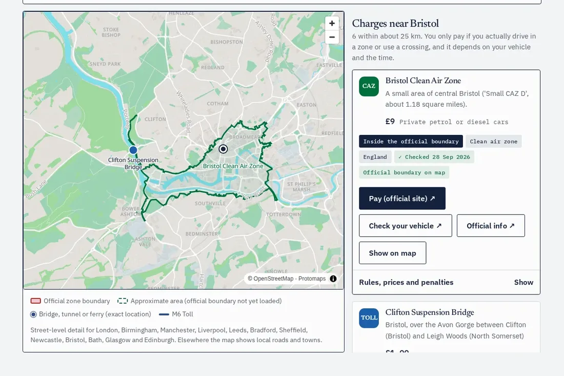 The driving charges map searched for Bristol, with the Clean Air Zone boundary and its card