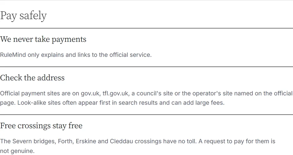 Pay safely: we never take payments, check the address, free crossings stay free