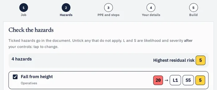 RAMS builder: checking the hazards, with risk scores before and after controls