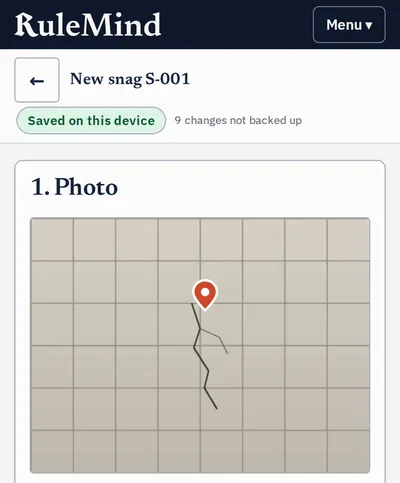 Add snag screen with a photo and a red pin on the defect