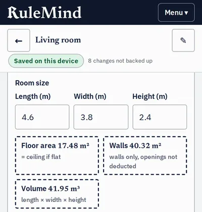 Room screen with length, width and height and the automatic floor area, wall area and volume