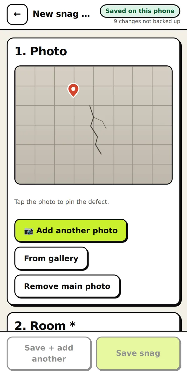 Add snag screen with a photo and a red pin on the defect