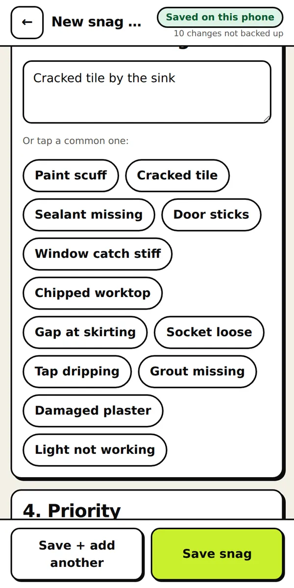 Snag form with common defects, priority and trade buttons