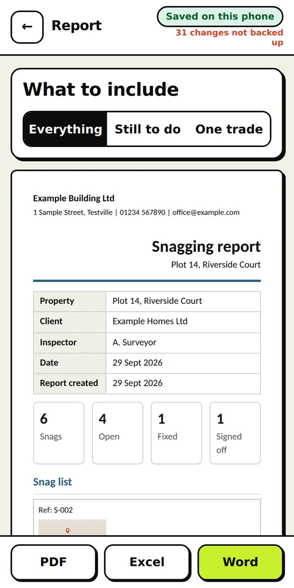 Branded snagging report preview