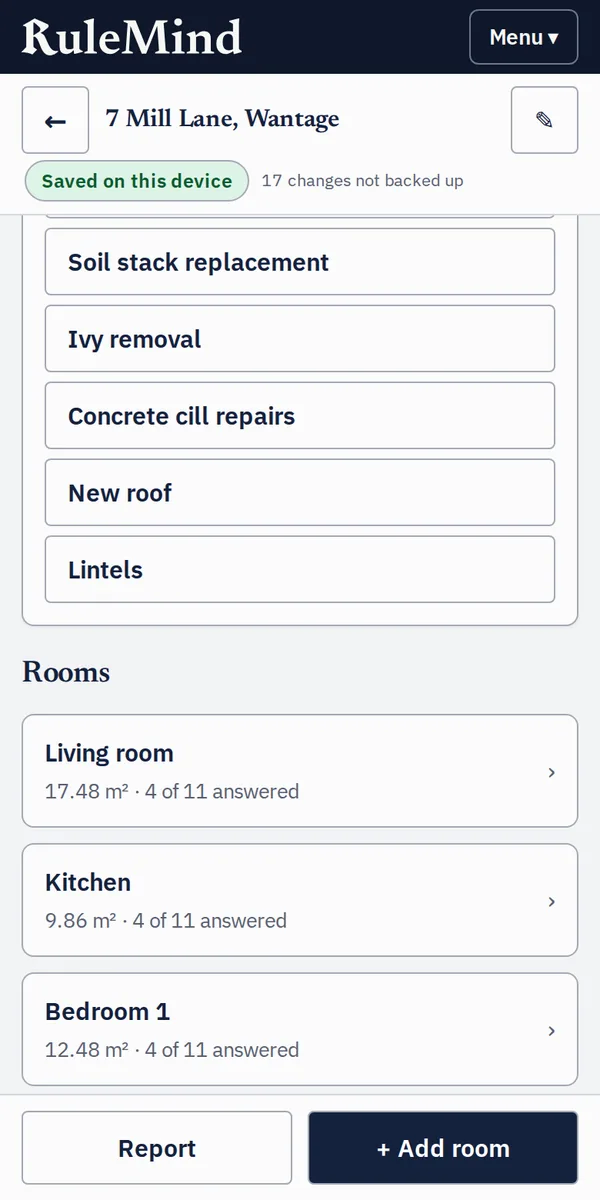 Survey: the list of rooms with floor areas